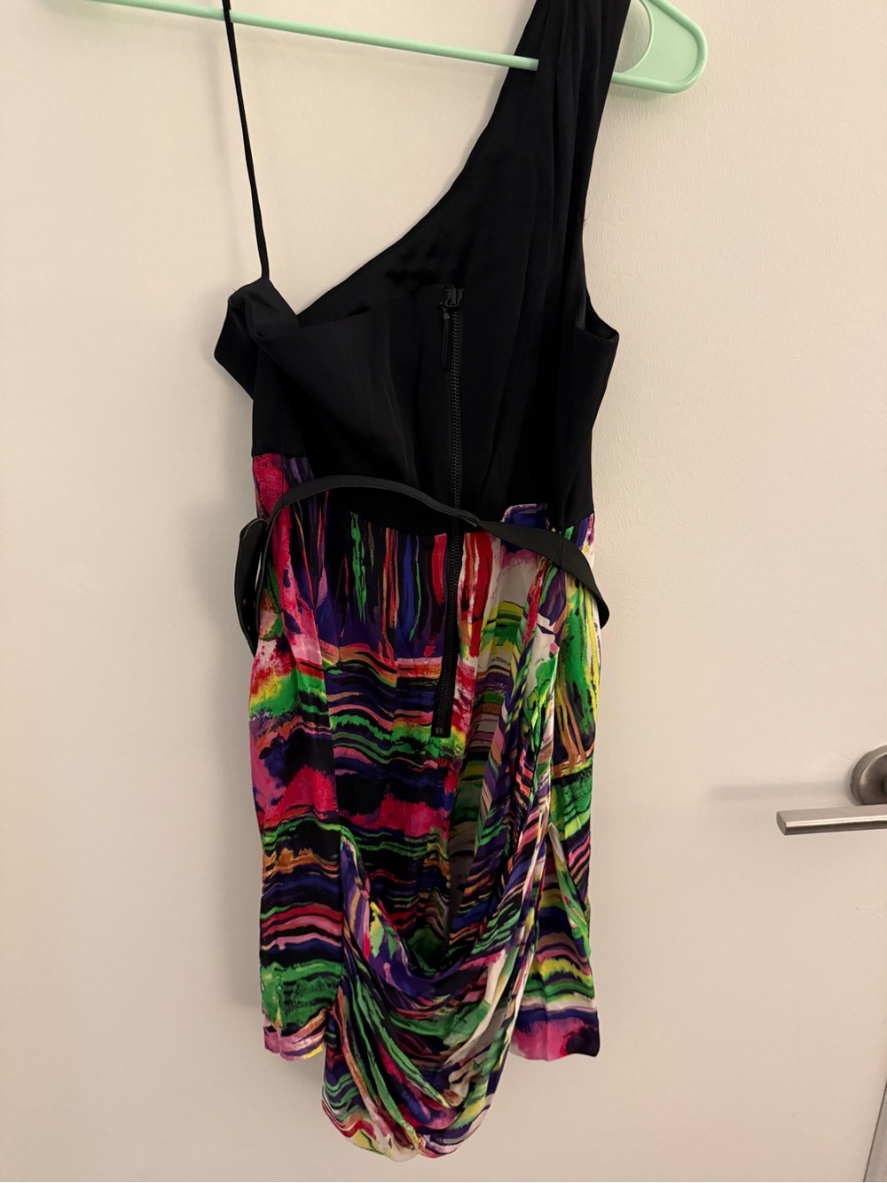 Alice + Olivia One-Shoulder Black Bodice Multicolor Printed Skirt Dress